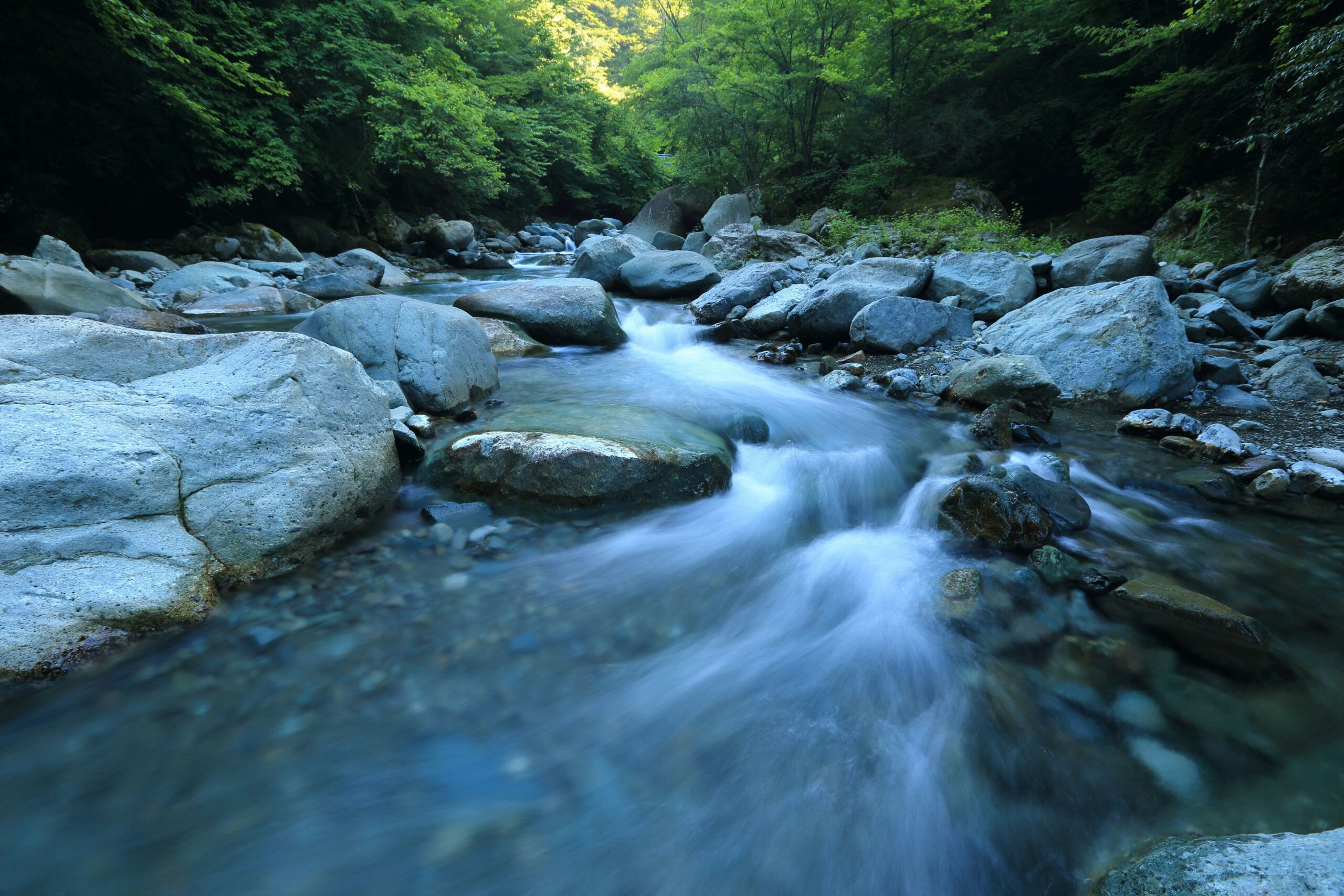 Looking upstream from the middle of a rocky creek with green forest on either bank and sunlight in the distance.
