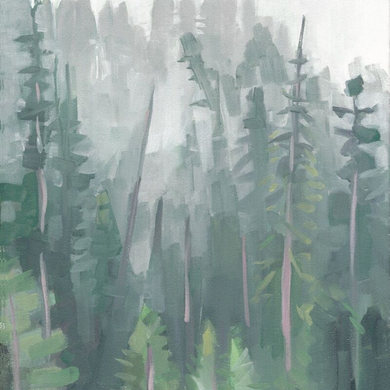 Diedre Hyde painting foggy rain in forest