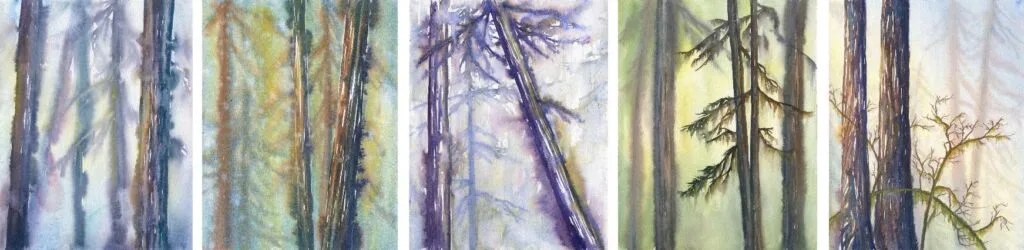 Five watercolor paintings of tree trunks in blues and greens and yellow and purple.