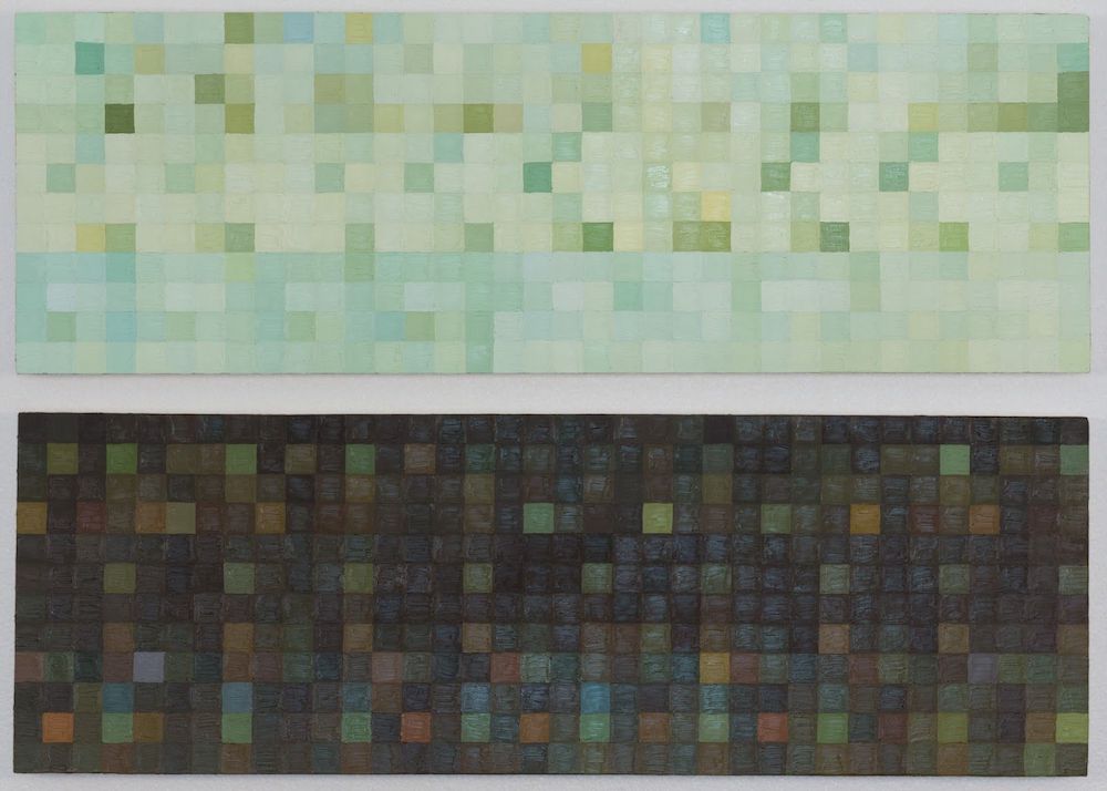 Two paintings one with rows of squares in light shades of green and white, one with rows of squares in dark shades of brown and gray.  