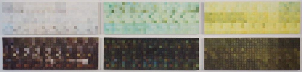 Two rows of multicolored horizontal paintings 