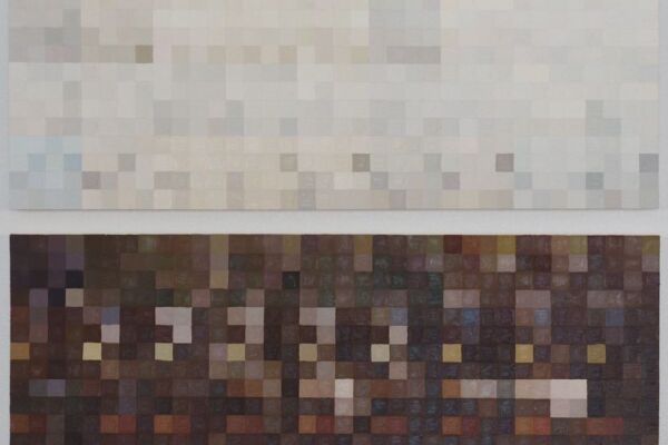 Two paintings one light one dark with rows of painted squares in shades of gray and brown.