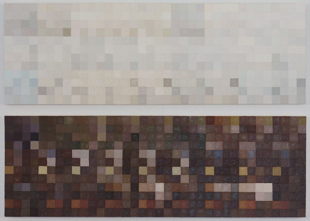 Two paintings by Leah Wilson, one on top with squares in light shades of gray and white, one on bottom in shades of dark brown and red.