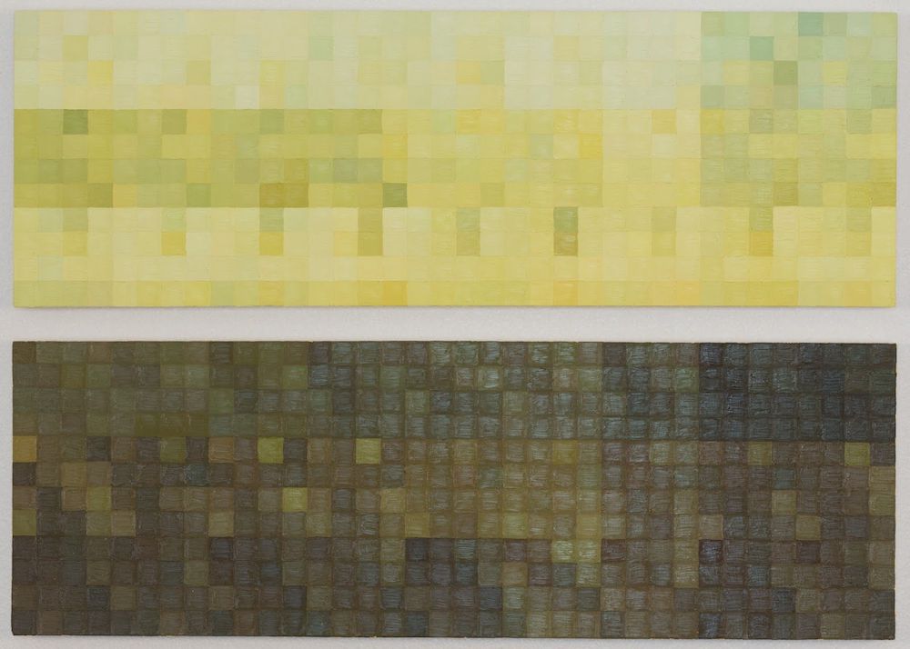 Two paintings, one on top with rows of squares in shades of yellow, one on bottom with rows of squares in dark rich shades of gray and brown.