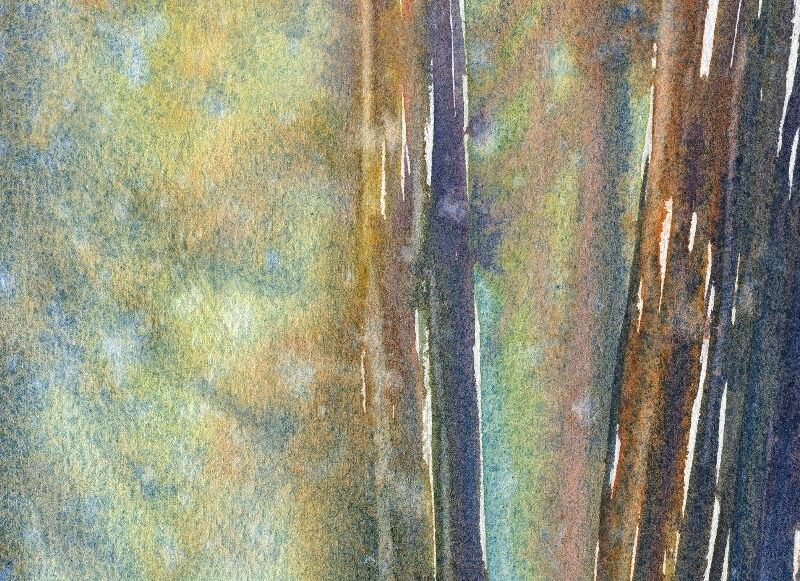 watercolor painting in green and blue and red and yellow and brown and purple of tree trunks. on the right, raindrops have spread the dark purple color on one tree trunk into fractal shapes.