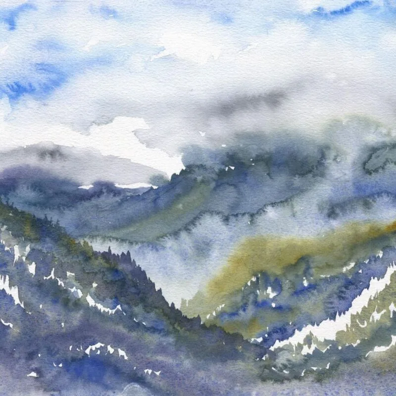 watercolor painting of the view from a clearing off the 130 Road. green-treed purple and blue ridgeline in the foreground gives way to a lighter, smudgy green and blue ridgeline in front of a blue sky near filled with purple-gray clouds