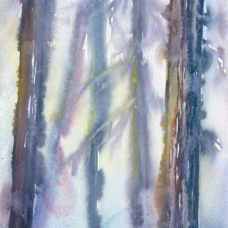 watercolor painting in smudgy brown and purple and blue and green of tree trunks at varying distances in the forest