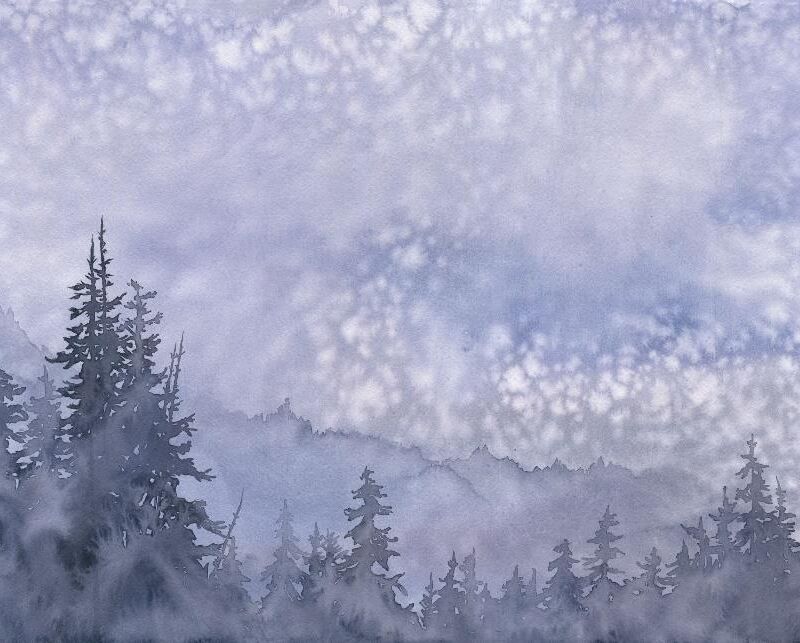 Watercolor painting in purple and blue and grays of a dark silhouetted treeline in the foreground, a distant lighter ridgeline in the background, and a smudgy blue purple clouded sky. white spots and smudges in color are where rain drops fell on the page.