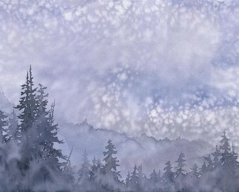 watercolor painting in purples and blues of dark fir trees in the foreground and, lighter, ridgelines behind them and above, a clouded grayblue sky. white spots on the image that blot out the color are where raindrops fell during the painting process.