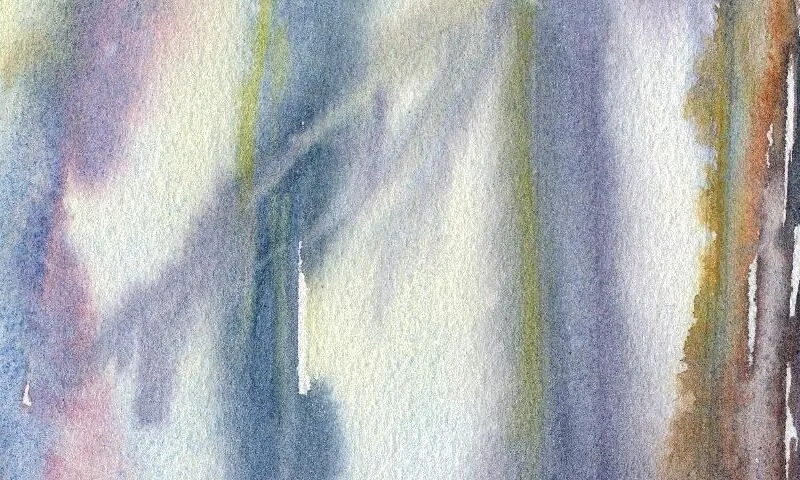 close up view of a multicolored watercolor painting of tree trunks with smears and color bleeds where raindrops fell through the canopy or off the branches and landed on the paper.