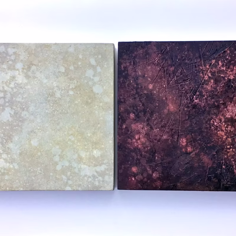 Two painted blocks exploring the colors and textures of lichen and wood.