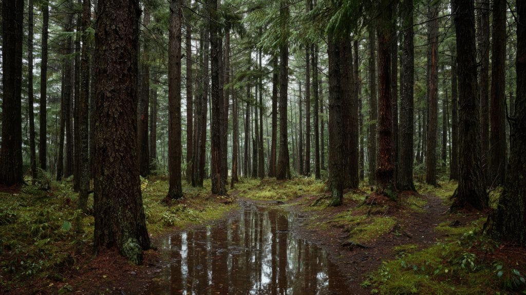 White spruce forest after rain.